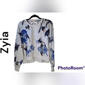Zyia Active grey crop sweatshirt blue floral print women's size XL